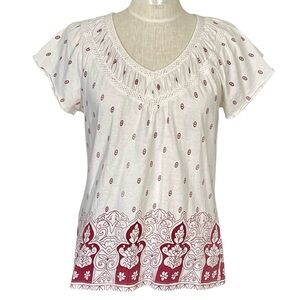 Sahalie All Cotton Paisley Floral V-neck Short Sleeve Peasant Blouse SzL